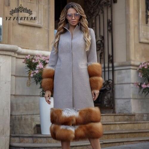 Winter Womens Cashmere Long Woolen Coat With Fox Fur Cuffs And Fox Fur Hem Warm And Popular Jacket For Girls NZ-064