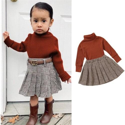 4 Colors Girls Fashion 2 Pcs Childrens Sets Solid Color Turtleneck Jumpers Knitwear Pleated Skirt Autumn Winter Warm Clothing