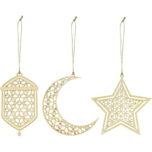 3Pcs Wooden Eid Mubarak Hanging Pendant Ornament Ramadan Kareem Islam Muslim Home Table Decoration DIY Party Supplies