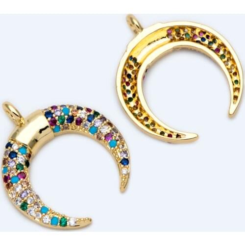4pcs CZ paved Colourful Gold Moon Charms 20x17mm, 18K Gold plated Brass, Crescent Moon Pendants For Jewelry DIY (GB-1371)