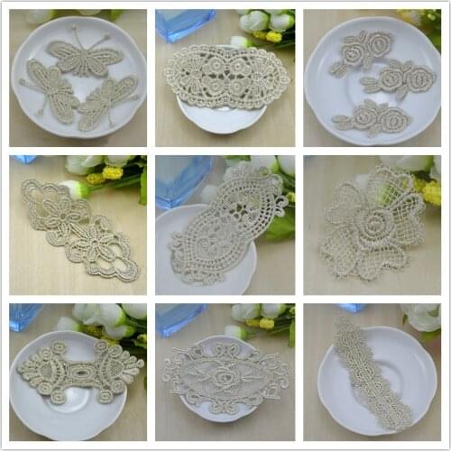 5PCS Gold Embroidered Flower Lace Edge Trim Floral Butterflies Applique Patches Sewing Craft Wedding Headdress Decor Materials