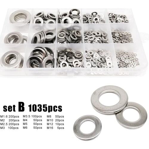 1035pcs M1.6 M2 M2.5 M3 M3.5 M4 M5 M6 M8 M10 M12 M16 304 A2-70 Stainless Steel GB97 Flat Washer Assortment Kit Plain Gasket Set