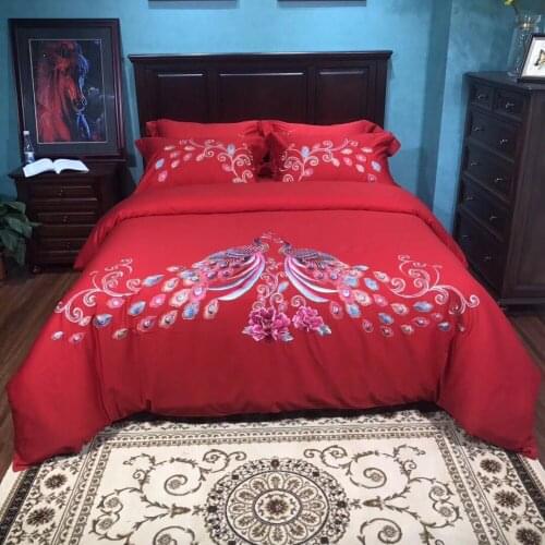 80S Egyptian cotton Luxury Embroidery Wedding Bedding Set 4pcs Queen King Duvet cover bed sheet set Pillowcase red Phoenix blue