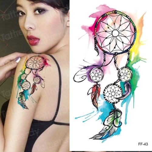Watercolor Dream Catcher Temporary Tattoo Women Tribal Tattoo Sticker Black Dreamcatcher Fake Flash Tatoo Girl Body Arm Shoulder