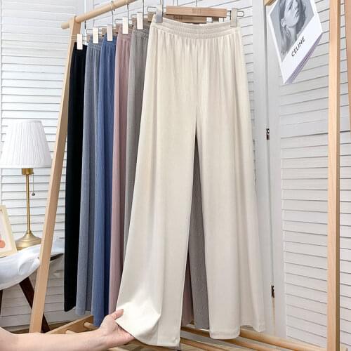 Slacks Womens Loose Summer Pants Soft Ice Silk Ankle Length Black Wide Leg Pants Grey Khaki Women High Waisted Trousers Y845