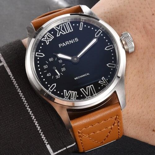 46mm parnis black dial 6497 movement hand winding mechanical mens watch