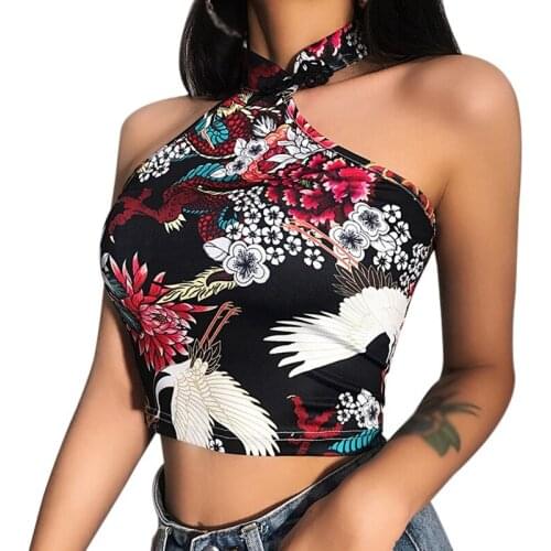 DAXIN Womens Retro Print Halte Slim Sexy Exposure Navel Tank Top Summer Ladies Vest Camis 2021