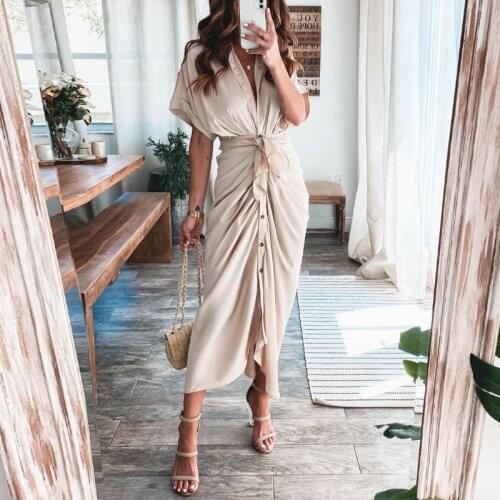 Elegant Button Office Lady Shirt Dress Fashion Summer Turn-down Collar Women Party Dress Casual Short Sleeve Slit Spring Dresses