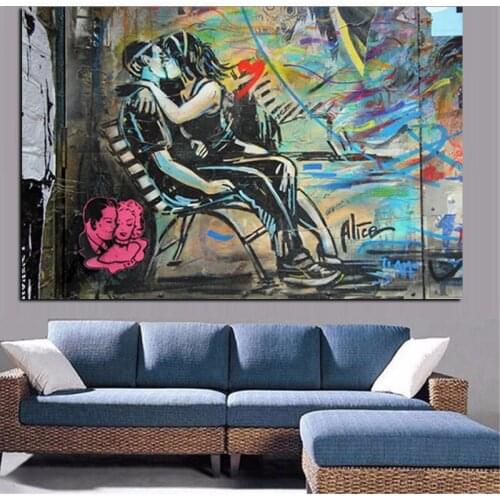 HD Print Graffiti Poster Kissing Couple Realistic Oil Painting on Canvas Abstract Pop Art Wall Picture Living Room Sofa Cuadros
