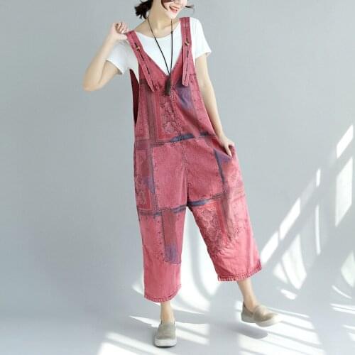 Helisopus Vintage Print Cotton Baggy Jumpsuits Women Plus Size Casual Low Drop Crotch Overalls Wide Leg Harem Trousers Rompers