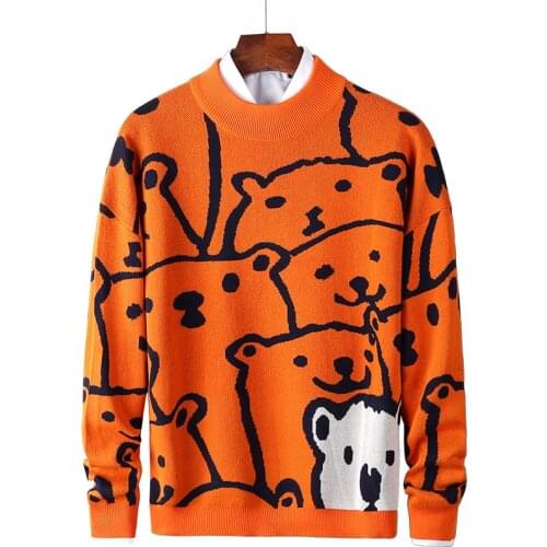 Cartoon O-neck Cotton Sweaters Men Long Sleeve Autumn Winter Knitted Slim Sweaters Fashion Mens Pullovers Casual Cute Wool Coat