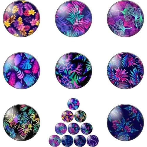 Purple Tropical Leaves Patterns Illustrations 10mm/12mm/16mm/18mm/25mm Round Photo Glass Cabochon Demo Flat Back Making Findings