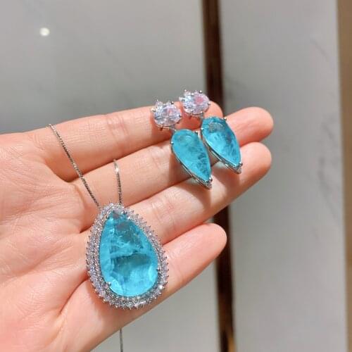 QTT Solid 925 Sterling Silver Paraiba Tourmaline Jewelry Set Sea Blue Gemstone Diamond Fashion Drop Earrings Ring Fine Jewelry