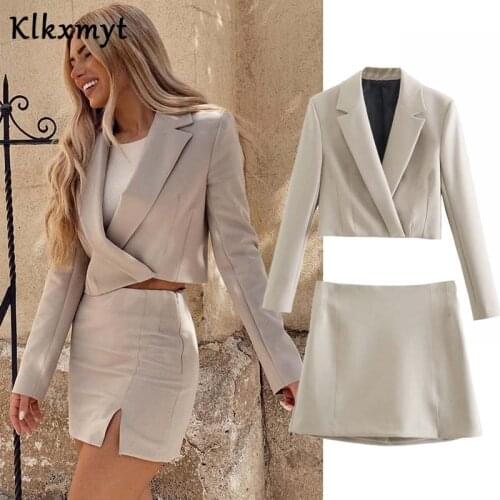 Klkxmyt Za 2021 2 Pieces Sets Women Fashion Office Cropped Blazers Jackets And High Wasit Mini Skirts Side Split Fork Women Sets