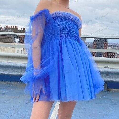 Blue Off Shoulder Long Sleeve Strapless Short Summer Dress Mini Special Occasion Dresses Custom Made Tulle Robes 2021