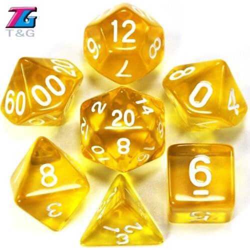 T&G DICE 7pc/lot High Quality Yellow Transparent Dice D4,d6,d8,d10,d10%,d12,d20 Set Game rpg dice
