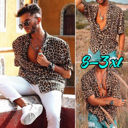 Mens Leopard Buttoned Shirt Fashion Summer Short Sleeve Plus size Casual Shirts
