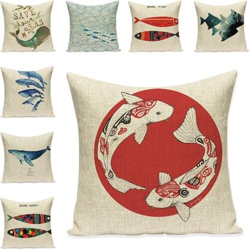 Cartoon Fish Printed Sea Whale Art Chair Cushion Cover Birthday Party Decorations Pillow Case Linen Cotton Cushions Home Decor