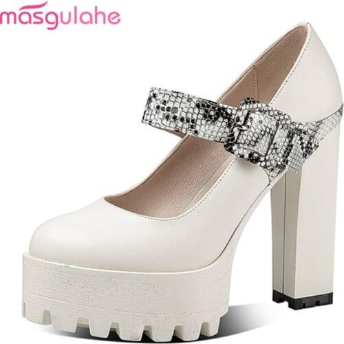 Masgulahe 2021 New Arrival Party Wedding Shoes Genuine Leather High Heels Shoes Summer Platform Women Pumps Rice White