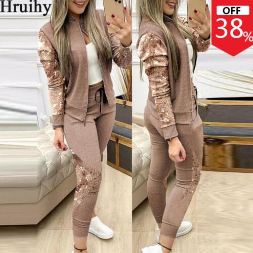 Autumn Winter Two Piece Outfits for Women Fashion Sequins Zipper Coat Tops Drawstring Pants Set Casual Tracksuit Sweat Suits