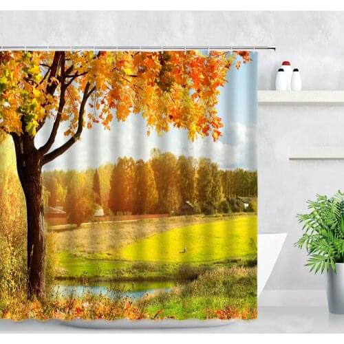 Autumn Rural Landscape Shower Curtain Sunlight Meadow Trees Natural Scenery Waterproof Fabric Home Decor Bathroom Curtains Hooks