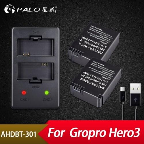 Palo 2PCS Camera Battery 3.7V + USB Dual Charger For Gopro Hero 3/3+ AHDBT-201/AHDBT-301 Camera Accessories Charger Set