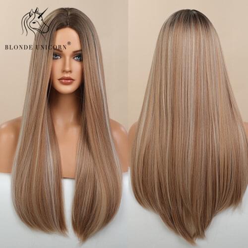 Blonde Unicorn Long Straight Synthetic Ash Brown Ombre to Blonde Wig Cosplay Daily Hair Wigs for Women Heat Resistant Fiber