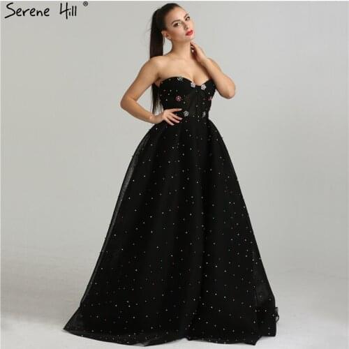 Serene Hill 2021 Black Sweetheart Sexy Tulle Prom Dress Latest Diamond Pearls Strapless Fashion Formal Party Wear Gown CLA6347