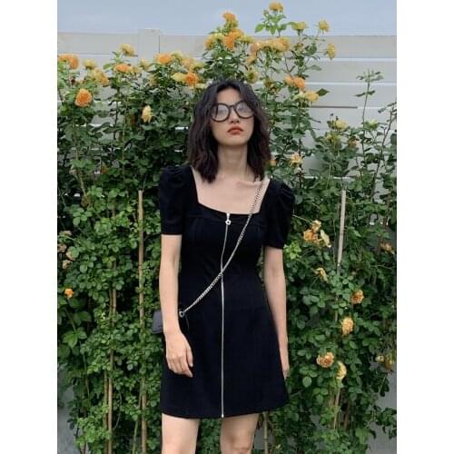 Summer Women Dress Vestidos Zipper High Waist Slim Short Sleeve A-line Black Temperament Fashion Holiday Sukienki 3345