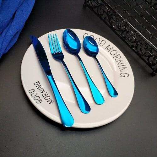 QL Hot Sale 4pcs Blue Dinnerware Kitchen Stainless steel Knife Fork Tablespoon Food Tableware Flatware Cutlery Set Drop Shipping