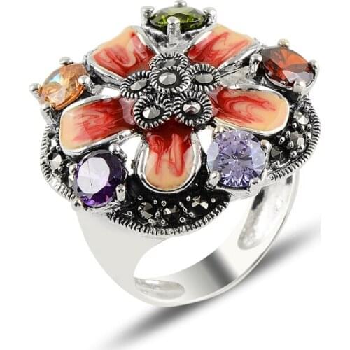 Silver 925 Sterling Flower Mixed Zircon & Marcasite Ring