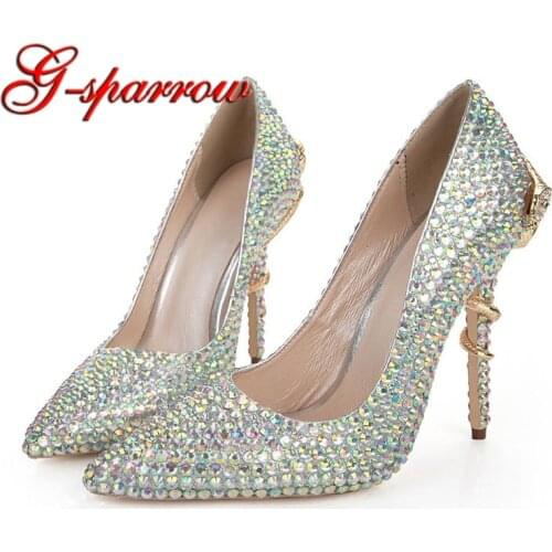 Spring Luxurious Women High Heels Sneak Thin Heel Wedding Party Bride Shoes AB Crystal Birthday Party Shoes Pointed Toe Pumps