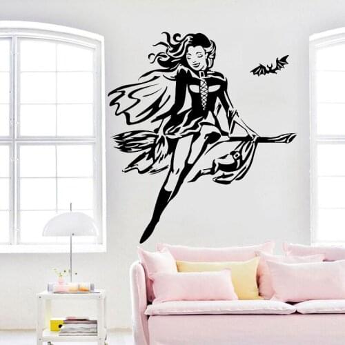 Witch Wall Sticker Beautiful Girl On Broomstick Vinyl Decal Girls Bedroom Wall Decor Magic Broom Home Decoration Removable Bat