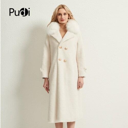 Pudi women X-long real sheep fur coat jacket female winter fox fur collar jackets parka trench H1706