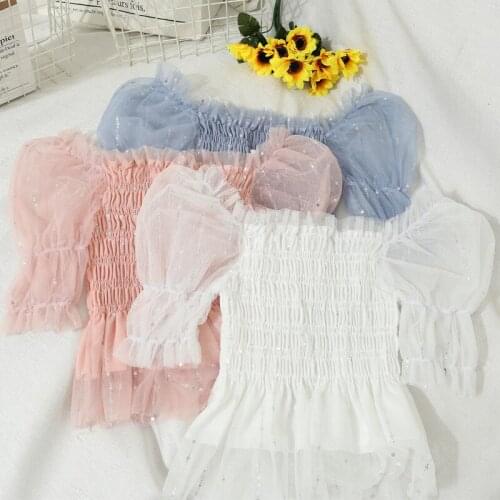 Summer Women Flare Sleeve Slash Neck Pleated Ruffles Shirt Lady Short Elastic Mesh Gauze Chic Bling Sequined Chiffon Blouse Tops