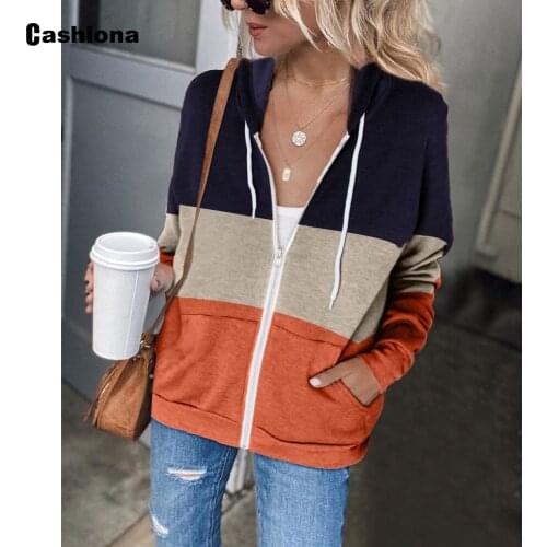 Fashion Hoodies Autumn Zip-up sweatshirts Women clothings leisure patchwork color Print Tops Femme Lace-up Hooded Streetwear