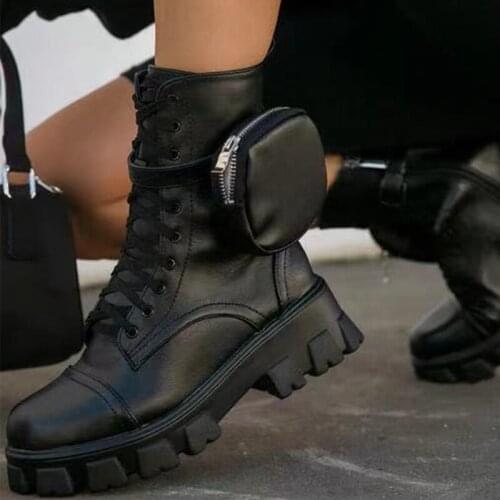 Anti-slip Thick Sole Lace Up Winter Boots Women Platform Pocket Ornament Sexy Short Booties Ankle Boots Zipper Buckle Strap