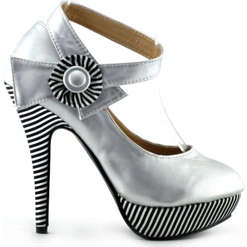 LF30404-4 New Ladies Flower Ankle Strap Stripe Platform Party Pumps