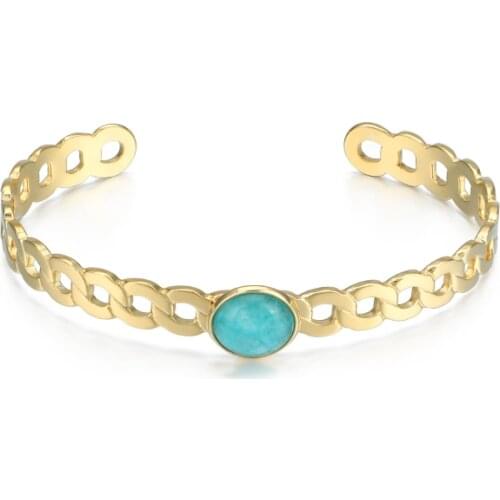 Statement Hollow Bangle with Natural Stone Women Stainless Steel Cuff Bangle Bracelet New Design 14K Metal Bijoux Femme Gift