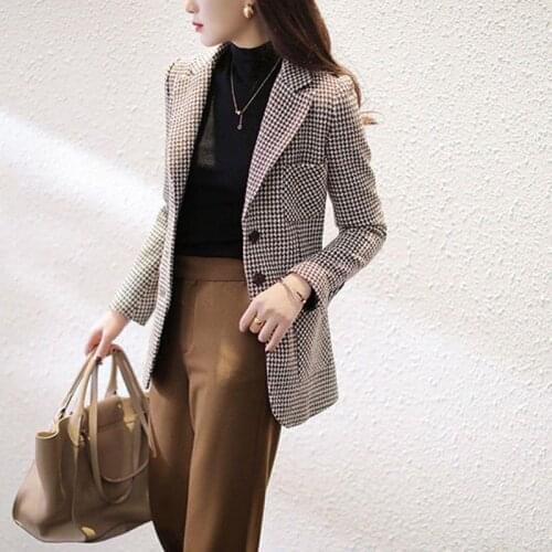 Womens Elegant Houndstooth Print Long Sleeve Slim Coat Blazer