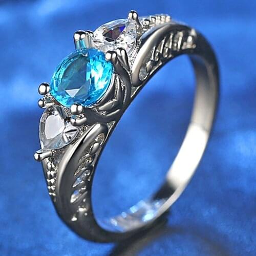 Ladies Zircon Ring Classic Retro Style Acid Blue Round Zircon Party Wedding Ring Rhodium Plated Womens Party Jewellery New