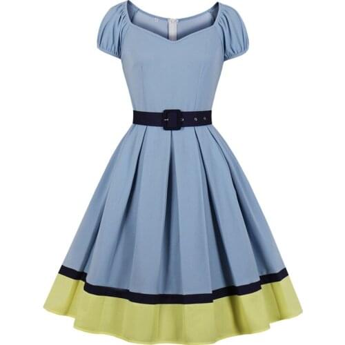 2021 Color Block High Waist 1950s Pinup Vintage Belted Pleated Dress For Party Women Short Sleeve Knee Length Rockabilly Clothes