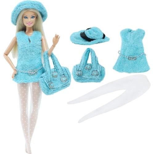 BJDBUS 1 Set Doll Dress Blue Skirt Winter Cap Handbag Lace Stockings Clothes for Barbie Doll Baby Girl DIY Accessories Toys