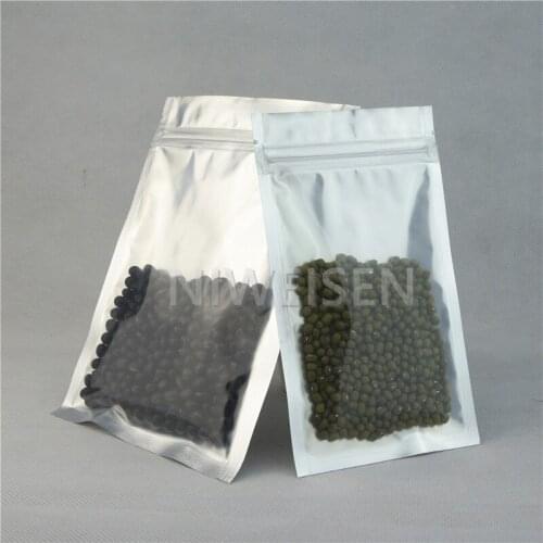 16X24CM,100pcs Silver white pure aluminium foil ziplock bags with clear Front zipper reusable Full mylar foil plastic pouch pack