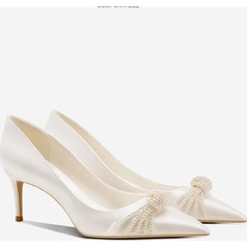 2021 spring new silk banquet dress shoes large size simple white beaded bridal wedding shoes stiletto heel womens single shoes