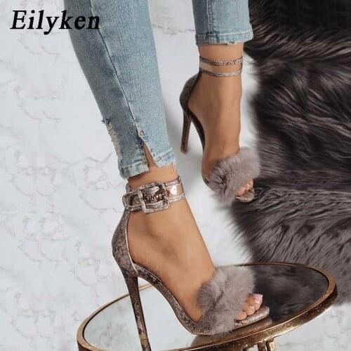 Eilyken Women Summer High Heel Sandals Leopard Fur Square High Heel Shoes Woman Ankle Strap Buckle Sandal size 35-40