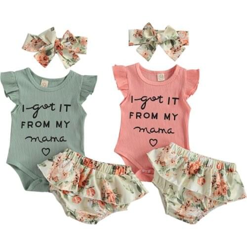 2021-01-12 Lioraitiin 3Pcs Set 0-12M Infant Newborn Baby Girls Outfit Fly Sleeve Letter Print Romper Floral Shorts+Headband Set