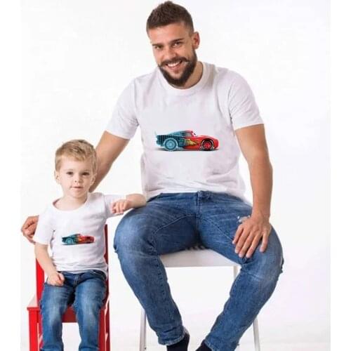 Disney Cars Lightning McQueen Vetement Enfant Garcon White Tops Basic Summer Tee Shirt Father and Son Family Clothing Sets