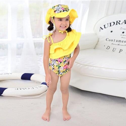 New Summer Children Swimsuit Printed Girls Beach Swimsuit Kids Slanted Shoulder One-Piece Bikini Ruffle Children Swimsuiys Girls