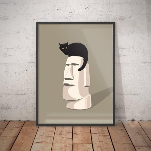 Moai Cat Elvis Presley Wall Art Picture Funny Illustration Canvas Painting Animal Posters and Prints for Living Room Home Decor